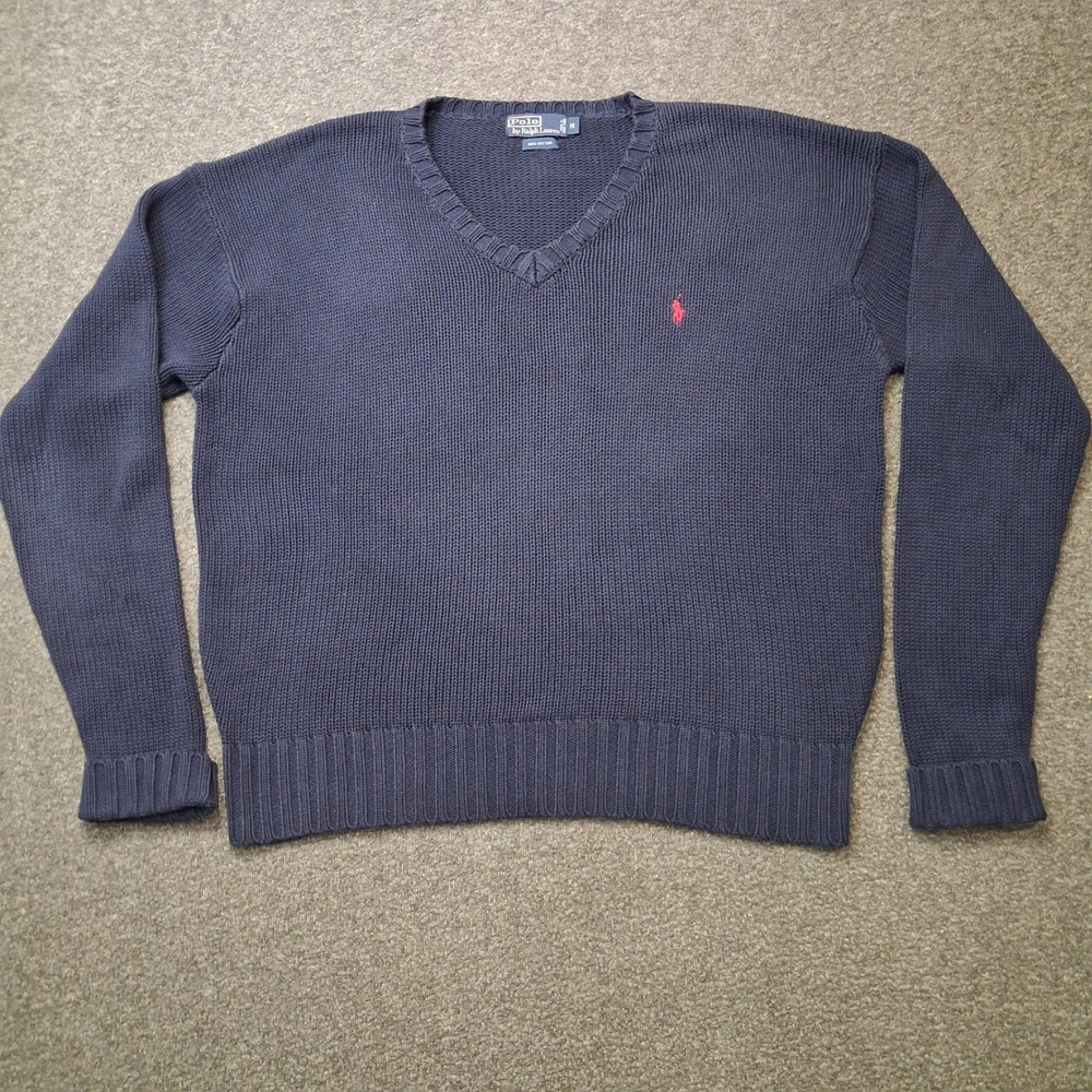 Polo Ralph Lauren Mens chunky V-Neck Sweater Blue Cotton Knit Pony Logo SZ M